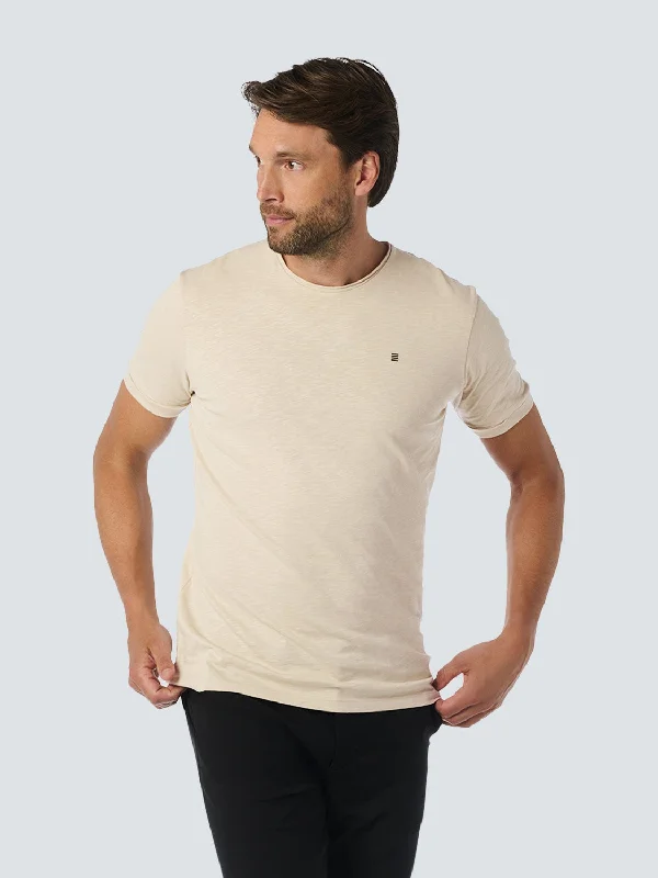 vintage trendy t-shirts -Round Neck T-Shirt with Rolled Sleeve Cuffs and Subtle Logo Print | Cement