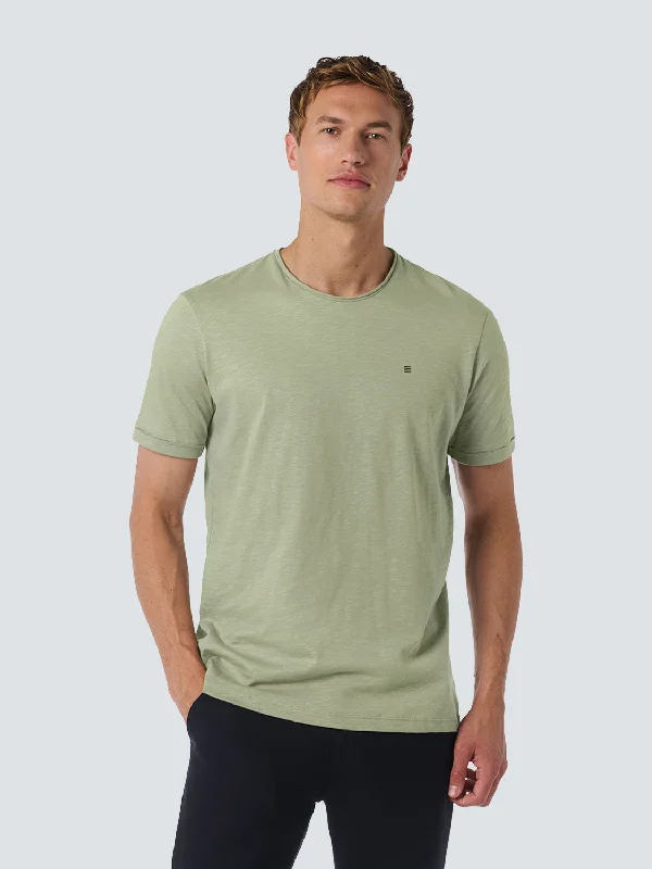 khaki pants casual wear -Round Neck T-Shirt with Rolled Sleeve Cuffs and Subtle Logo Print | Smoke