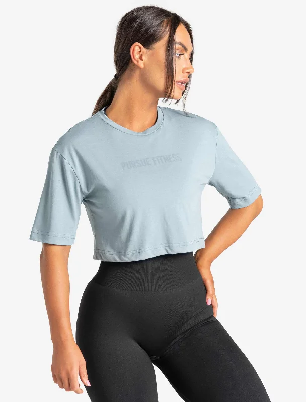 custom printed t-shirts online -Oversized Crop T-Shirt - Moonstone Blue