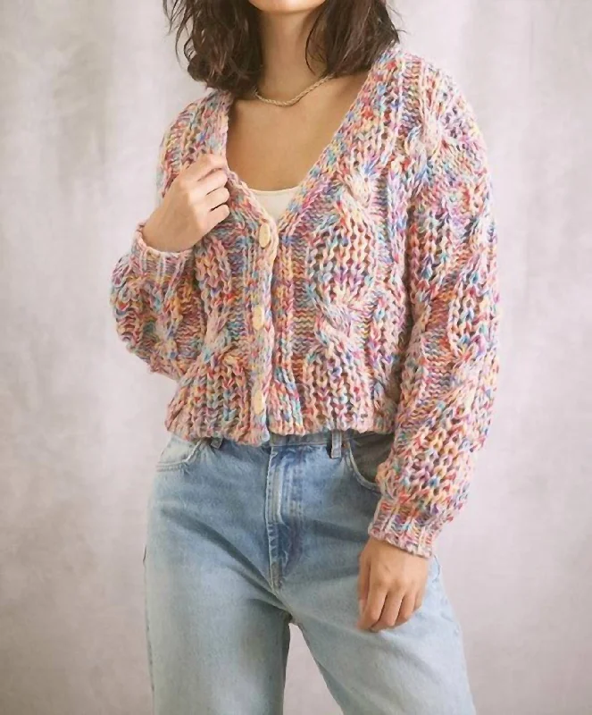 Cardigan with gathered sleeves -Cable Knit Cardigan In Multi