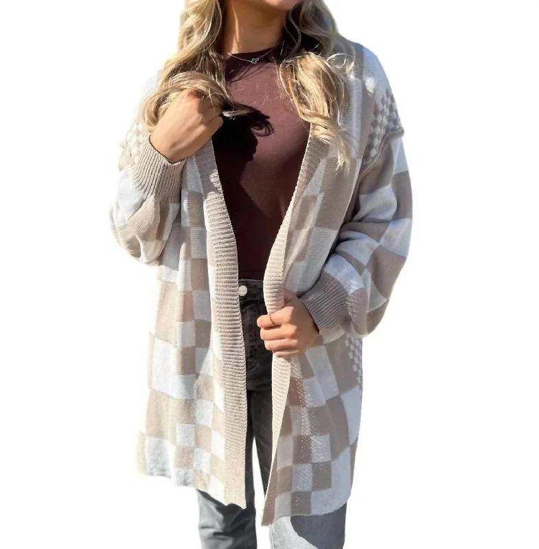 Cardigan with lantern sleeves -Checkerboard Loose Fit Cardigan In Latte