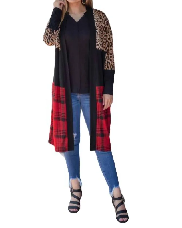 Cardigan with wide collar -Chill Adulting With Leopard & Plaid Cardigan In Multi Color