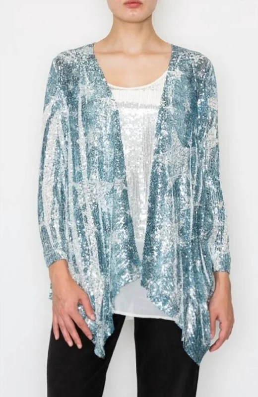 Cardigan with puffed sleeves -Denim Star Sequin Cardigan In Blue