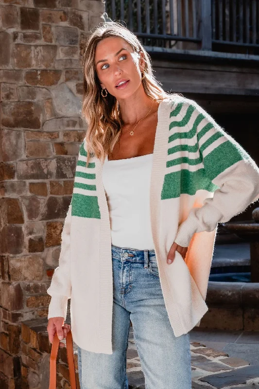 Cardigan with cloud design -Fuzzy Half Striped Open Front Cardigan - Cream