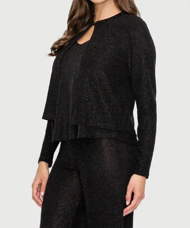 Cardigan with velvety texture -Glitter Top Button Cardigan In Black