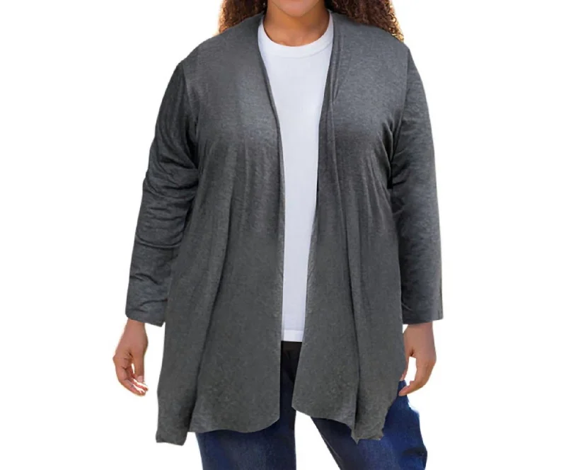 Cardigan with side tie -Long Sleeve Draped Cardigan - Plus In Heather Grey