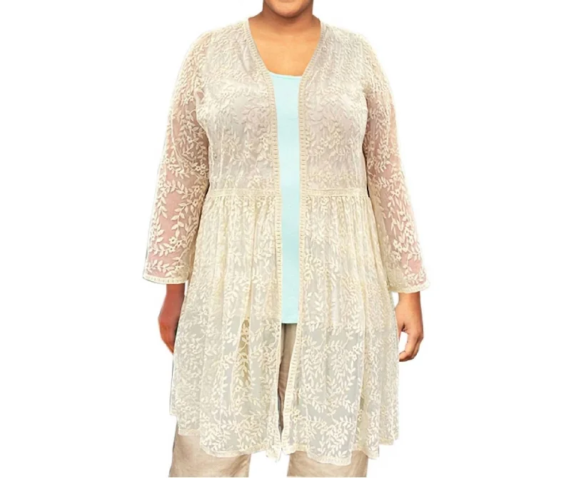 Green cardigan for spring wear -Long Sleeve Mesh Lace Betty Duster - Plus In Beige Floral