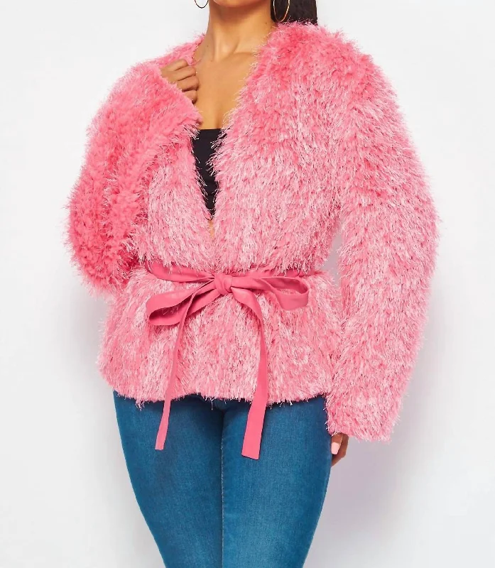 Blue cardigan with soft lining -Noemi Pink Shaggy Cropped Cardigan