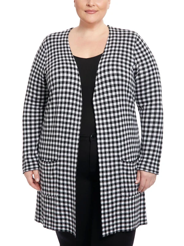 Cardigan with snowflake design -Plus Womens Checkered Open Front Duster Sweater