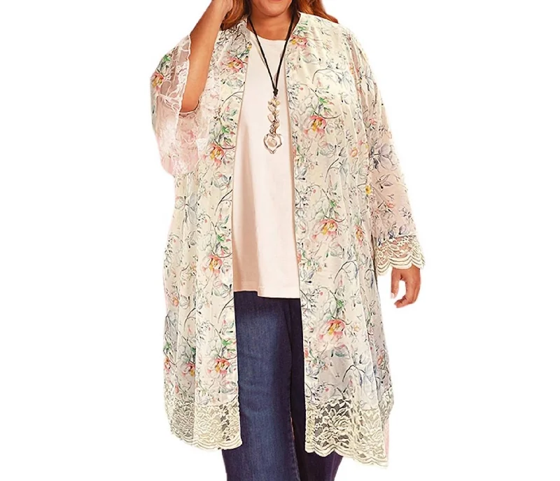 Cardigan with gold stitching -Printed Long Sleeve Lace Chiffon Duster - Plus In Ivory Floral