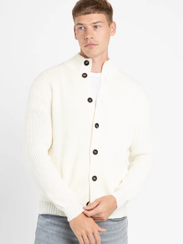 Cardigan with ribbed trim -White Fisherman Ribbed Cardigan