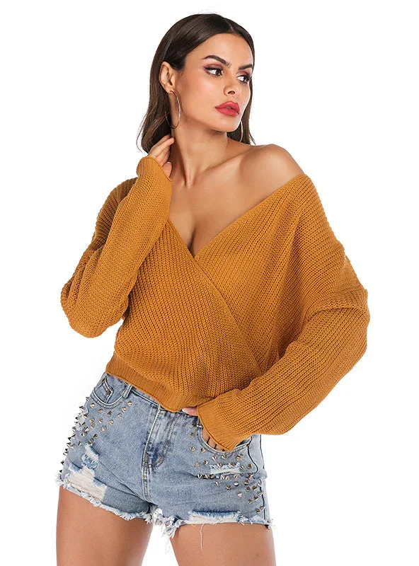 Black pullover sweater for cozy nights -TastyHottie - SOLID COLOR V-NECK BAT SLEEVE SWEATER