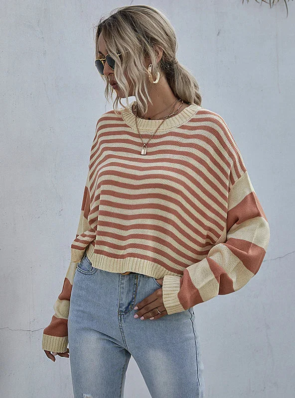 Oversized pullover sweater for lounging -TastyHottie - TURTLENECK KNITTED CONTRAST STRIPED SWEATER