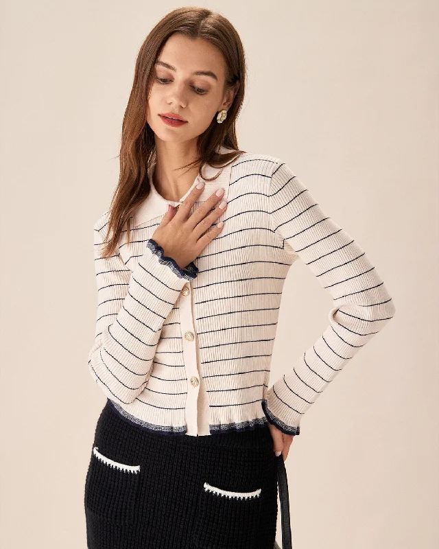 Gray cardigan for casual wear -Apricot Striped Poet Sleeve Cardigan