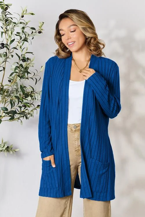 Gray cardigan for cool weather -Ribbed Open Front Cardigan with Pockets