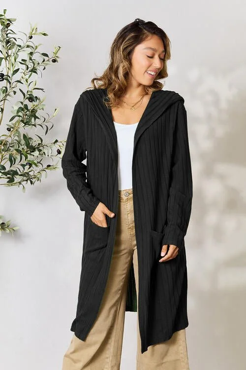 Cardigan with loose collar -Ribbed Open Front Long Sleeve Cardigan