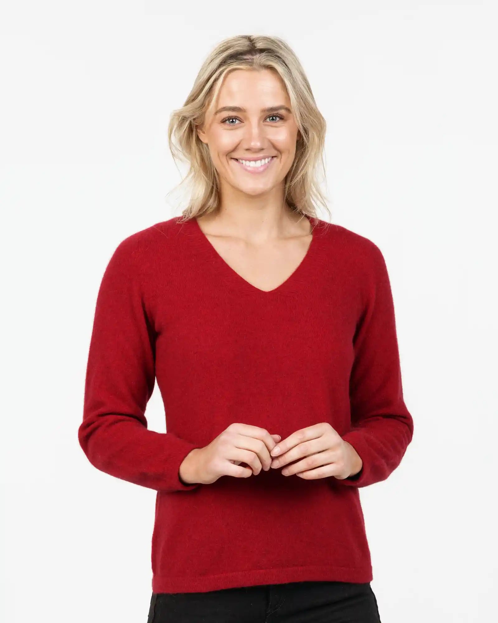 Pullover sweater with heart design -Berry Women's Vee-Neck Merino Wool Sweater - NB396