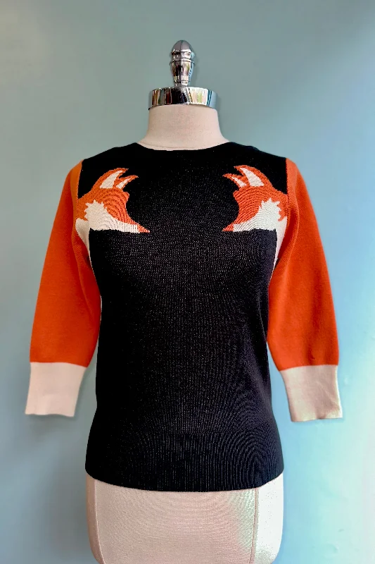 White pullover sweater with floral print -Black and Orange Fox Pullover Sweater