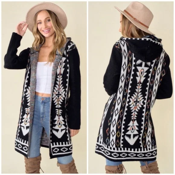 Women's plus-size cardigan -Black Aztec Rainbow Western Hooded Knit Cardigan Long Sleeve Open Sweater