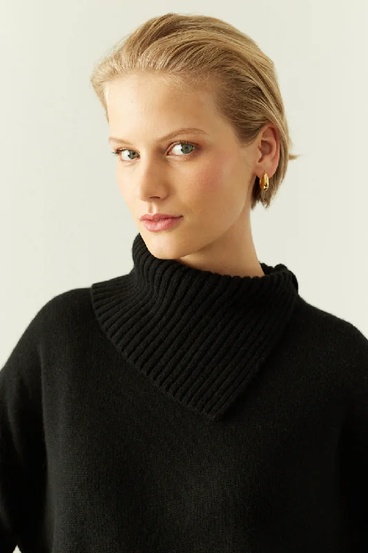 Pullover sweater with metallic finish -Black Cashmere Asymmetric Sweater