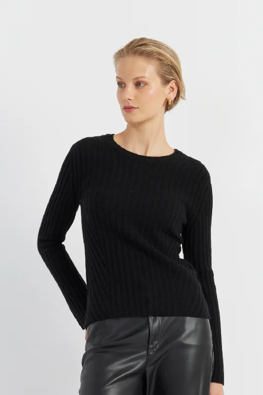 White pullover sweater with button trim -Black Cashmere Slim Ribbed Sweater