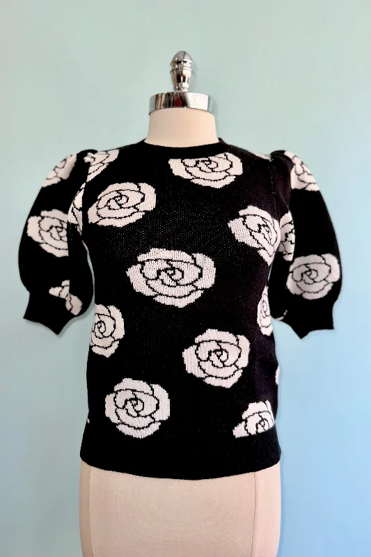 Pullover sweater for cold office AC -Black Floral Puff Sleeve Sweater