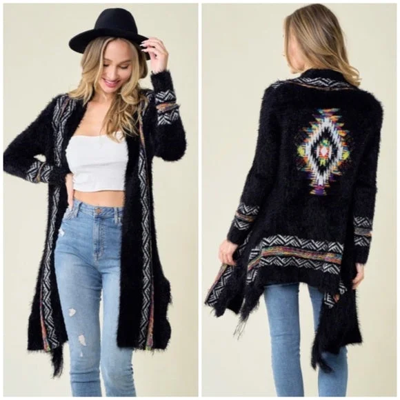 Cardigan with zigzag design -Black Fuzzy Eyelash Fringe Rainbow Aztec Pattern Open Knit Cardigan Sweater