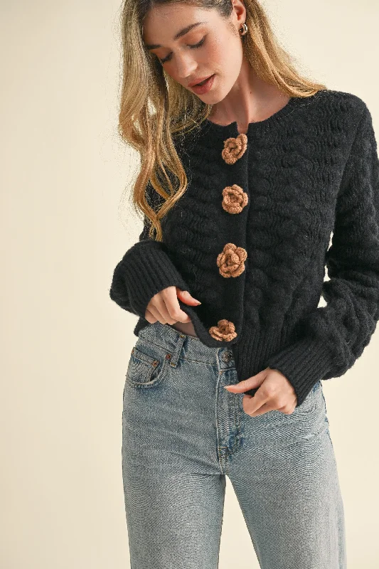 Cardigan with soft cuffs -Black Knit Cardigan with Rosette Detail