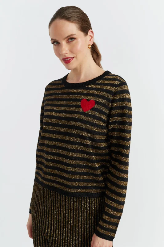 Pullover sweater with fuzzy texture -Black Lurex Heart Breton Sweater