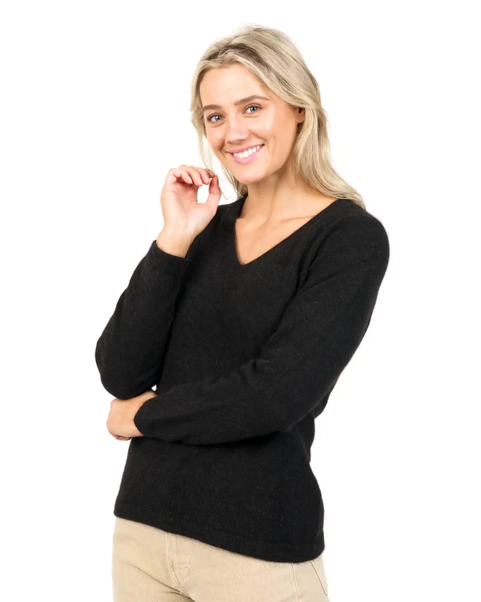 Pullover sweater with gold stitching -Black Women's Vee-Neck Merino Wool Sweater - NB396