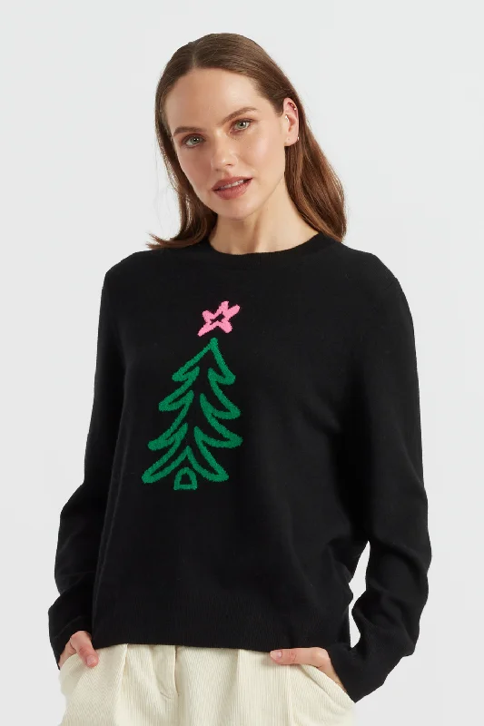 Pullover sweater with floral hem -Black Wool-Cashmere Christmas Tree Sweater