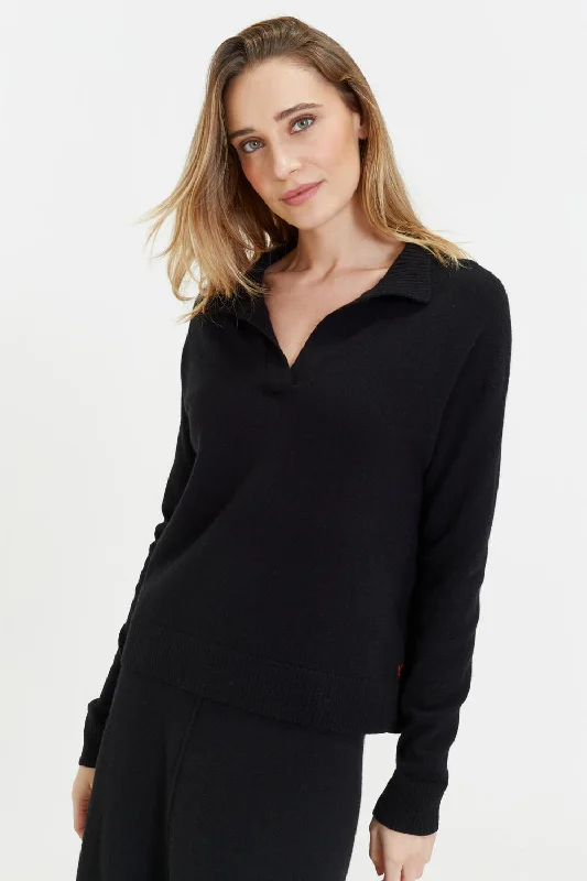 Pullover sweater with diamond design -Black Wool-Cashmere Collared Sweater