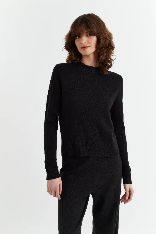 Pullover sweater with long cuffs -Black Wool-Cashmere Cropped Sweater