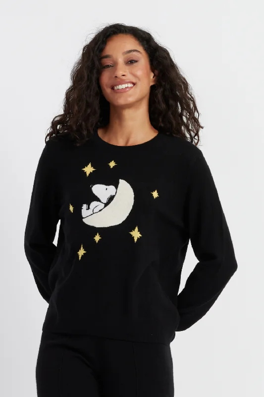 Pullover sweater with front pleats -Black Wool-Cashmere Dreaming Snoopy Sweater