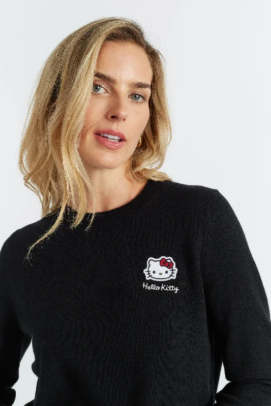 Pullover sweater with high-low hem -Black Wool-Cashmere Hello Kitty Badge Sweater