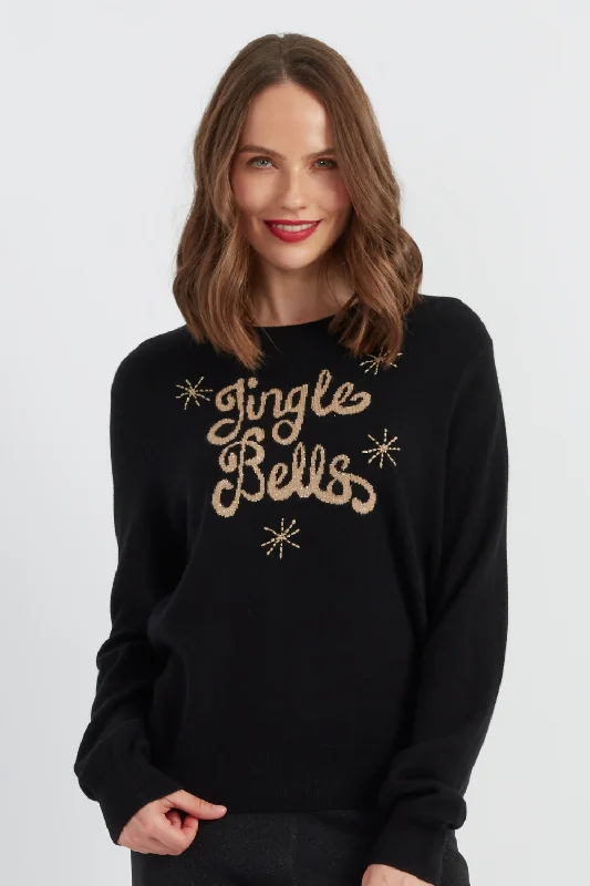 Pullover sweater with floral design -Black Wool-Cashmere Jingle Bells Sweater