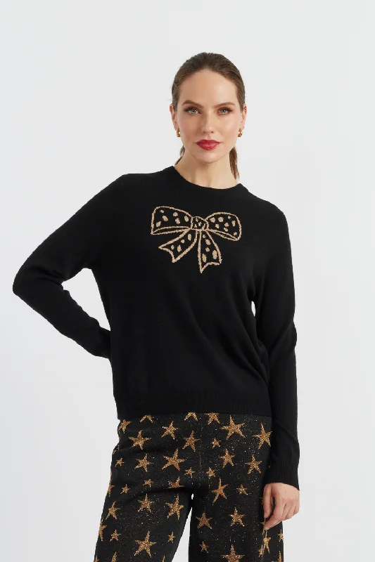 Pullover sweater with gold trim -Black Wool-Cashmere Polka Bow Sweater