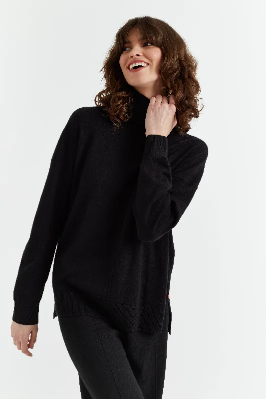 Pullover sweater with leaf pattern -Black Wool-Cashmere Relaxed Rollneck Sweater