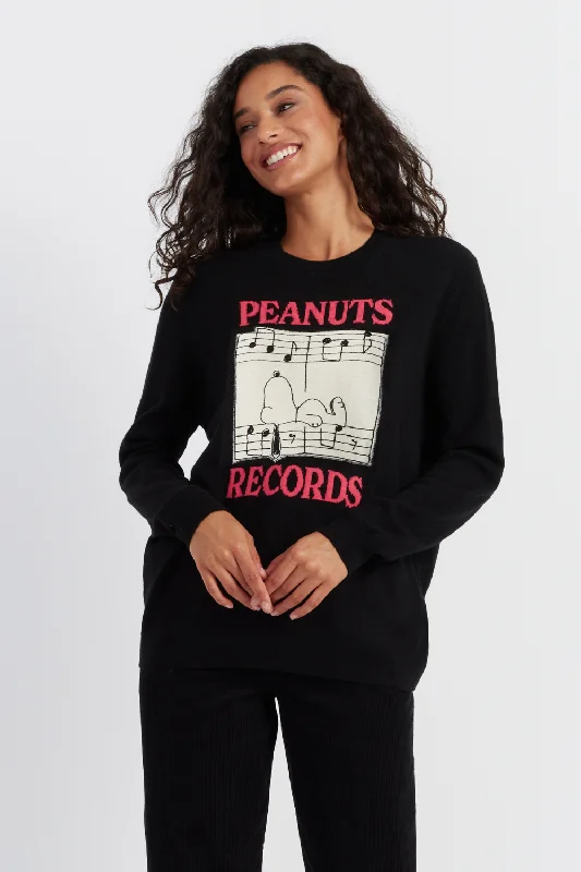 Pullover sweater with long ruffles -Black Wool-Cashmere Snoopy Records Sweater