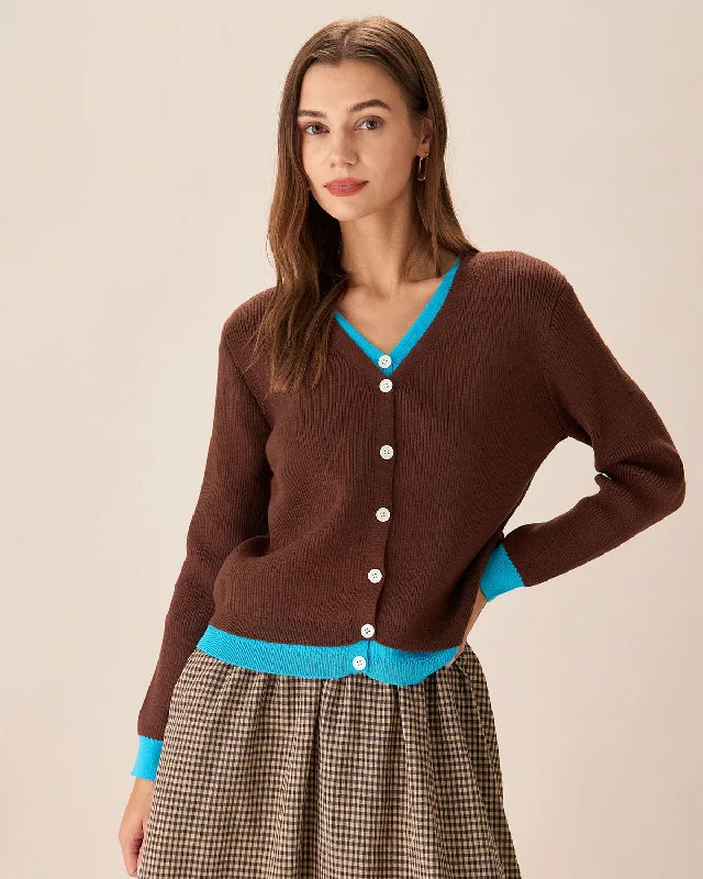 Cardigan with snowflake design -Brown Contrasting Single-Breasted Cardigan