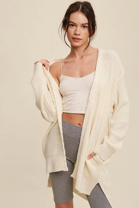 Trendy cardigan for teens -Cable Knit Open Front Long Cardigan