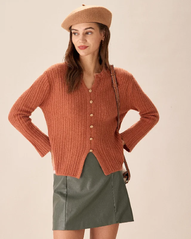 Cardigan with cropped sleeves -Caramel Button Slim Slit Cardigan