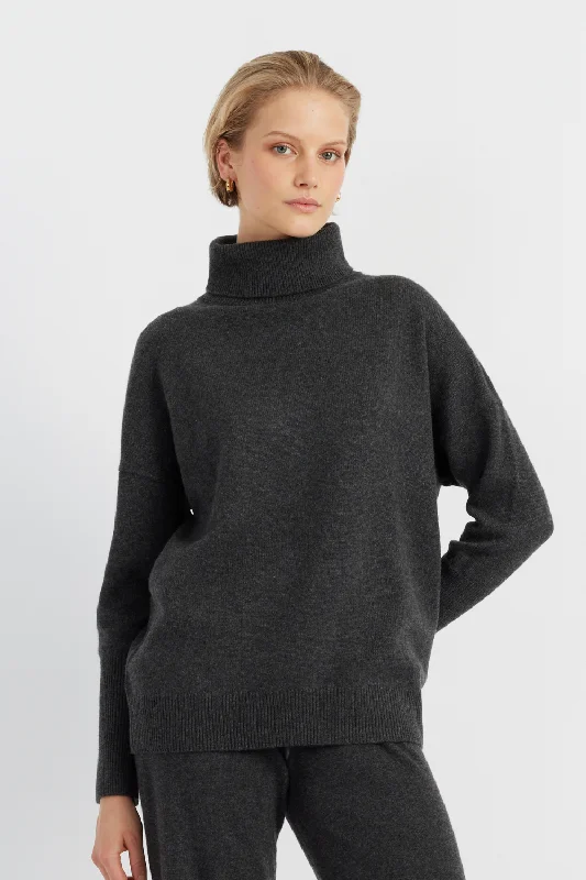 Pullover sweater with roll-neck collar -Charcoal Cashmere Rollneck Sweater