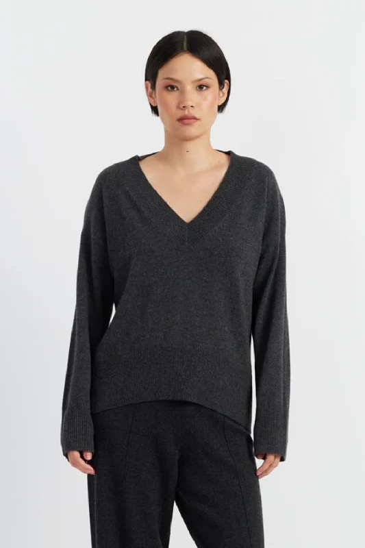 Pullover sweater with pearl buttons -Charcoal Wool-Cashmere V-Neck Sweater