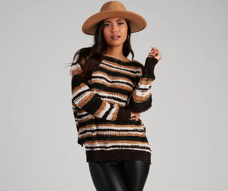 Pullover sweater with side vents -Chill Days Chenille Striped Sweater