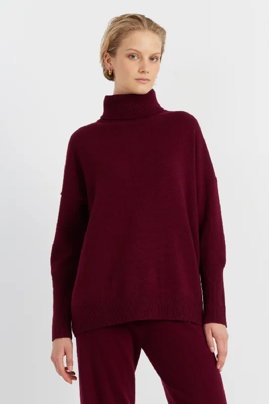 Pullover sweater with flared cuffs -Claret Cashmere Rollneck Sweater