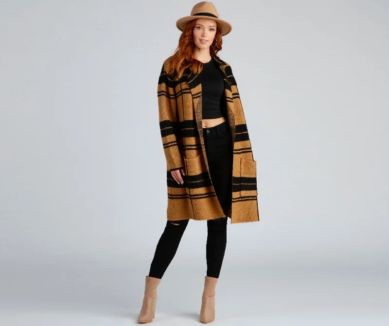 Warm cardigan for cozy evenings -Comfort Zone Plaid Collared Duster