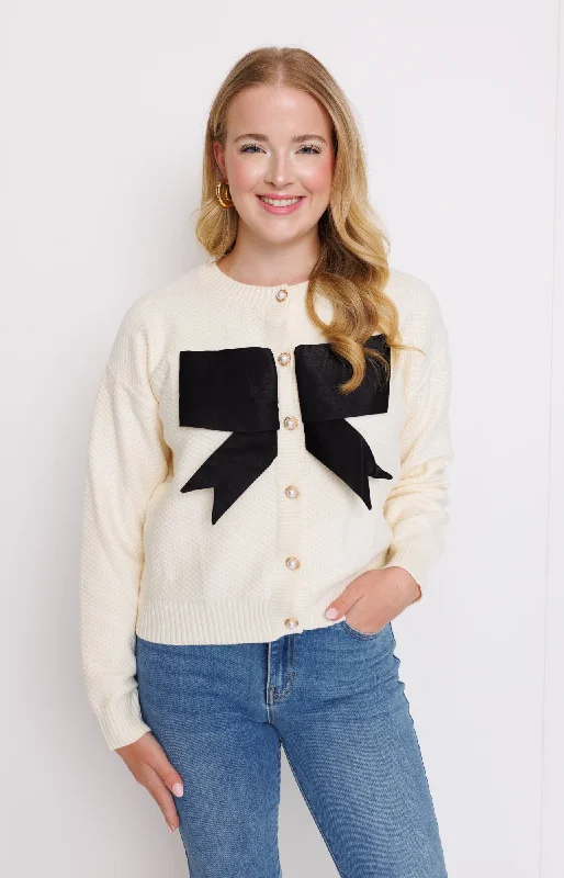 Cardigan with ribbed back -Chic Bowtique Cardigan, CREAM