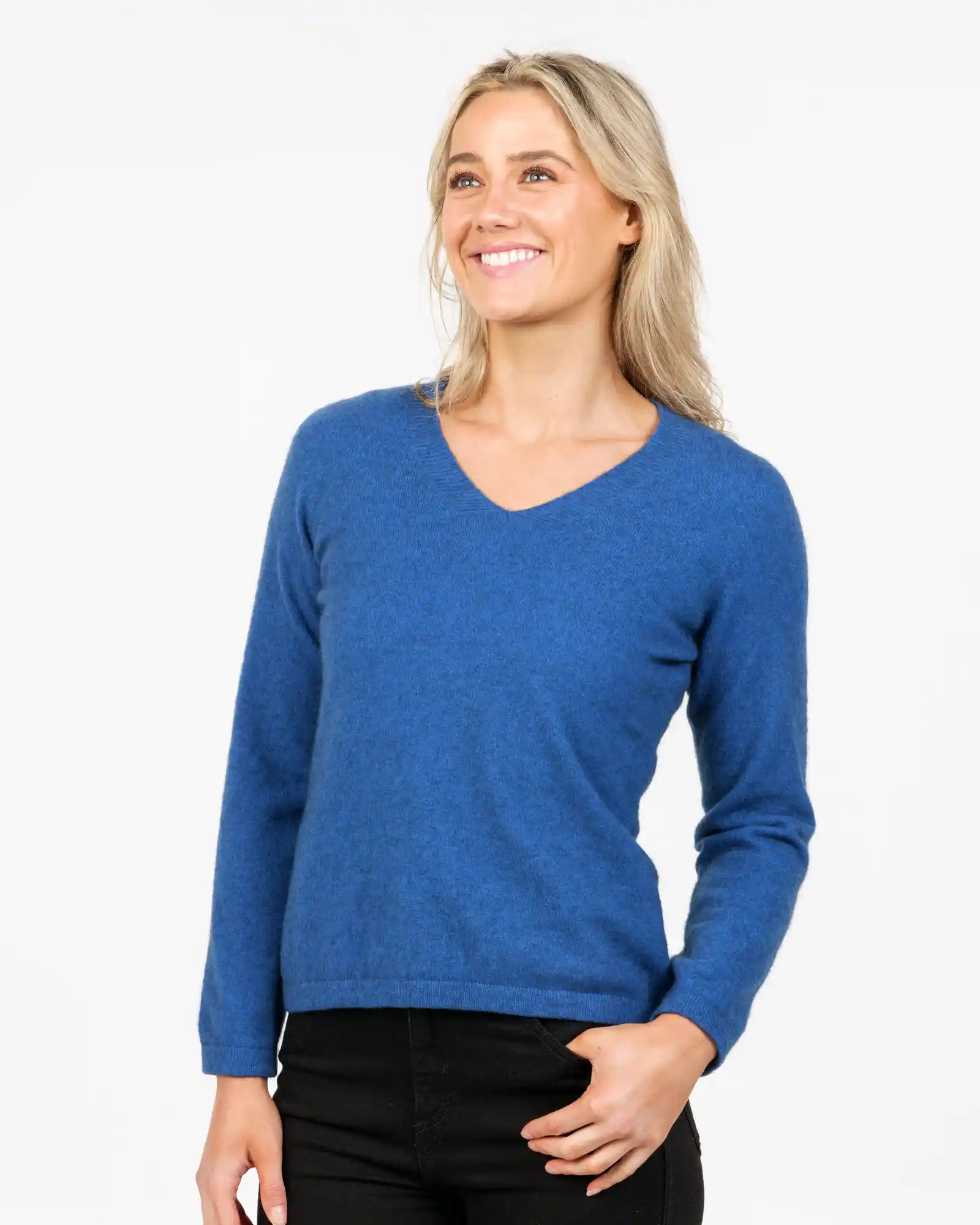 Pullover sweater with plush lining -Cornflower Women's Vee-Neck Merino Wool Sweater - NB396