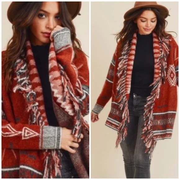 Vintage-inspired cardigan for women -Cowichan Boho Aztec Native Fringe Print Soft Knit Cardigan Sweater Womens